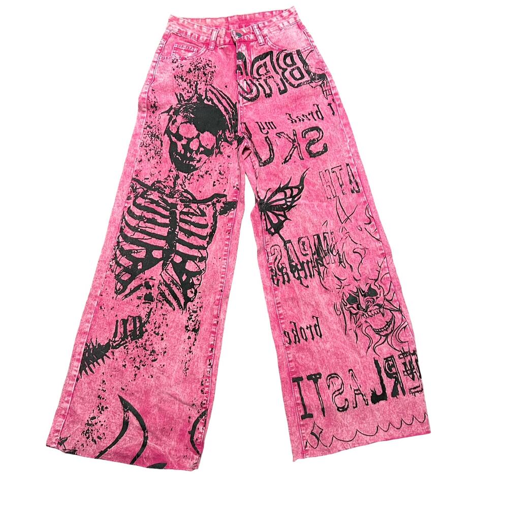 Romwe Wide Leg Jeans High Rise Womens XS Pink Black Skeleton Grunge Emo Scene